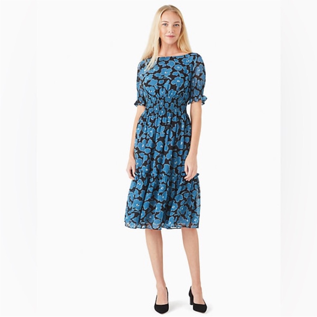 Kate Spade Whimsical Floral Puff Sleeve Blaire Midi Dress In Dark Peacock